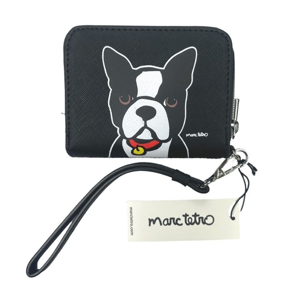 NWT MARC TETRO Boston Terrier Saffiano Leather Zip Around Wallet Wristlet Black - Picture 1 of 6